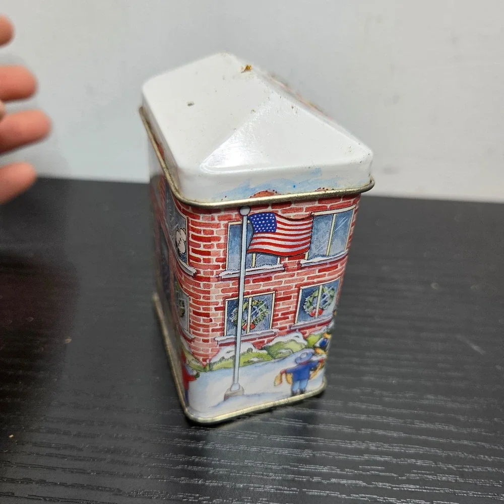 Vintage Christmas Schoolhouse Metal Tin Decorative Holiday Storage Container